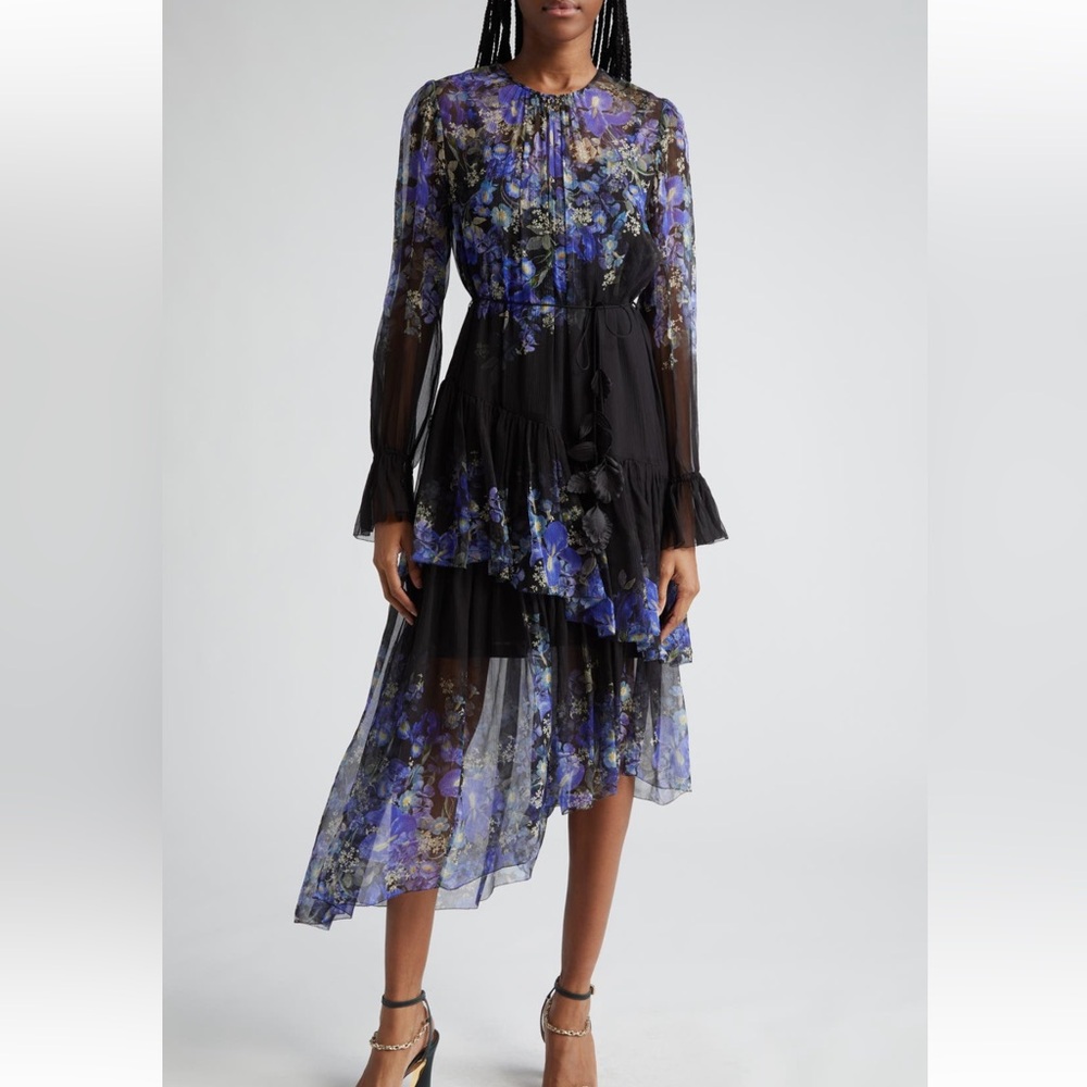 Zimmermann Lyrical Iris Print Tiered Ruffle Long Sleeve Silk Midi Dress